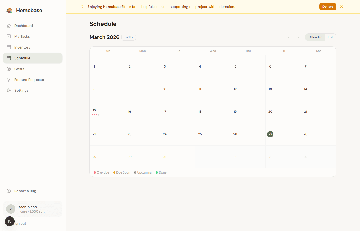 Schedule calendar view showing monthly maintenance tasks with color-coded indicators