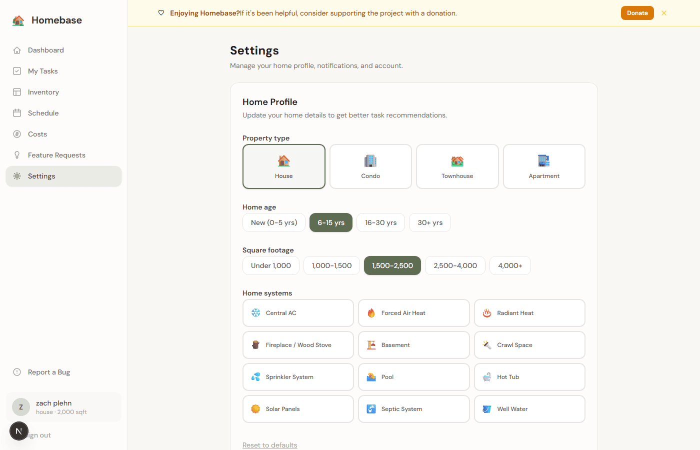 Settings page showing home profile customization options