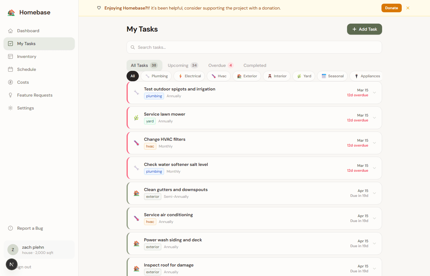 My Tasks view showing categorized maintenance tasks with filters and due dates